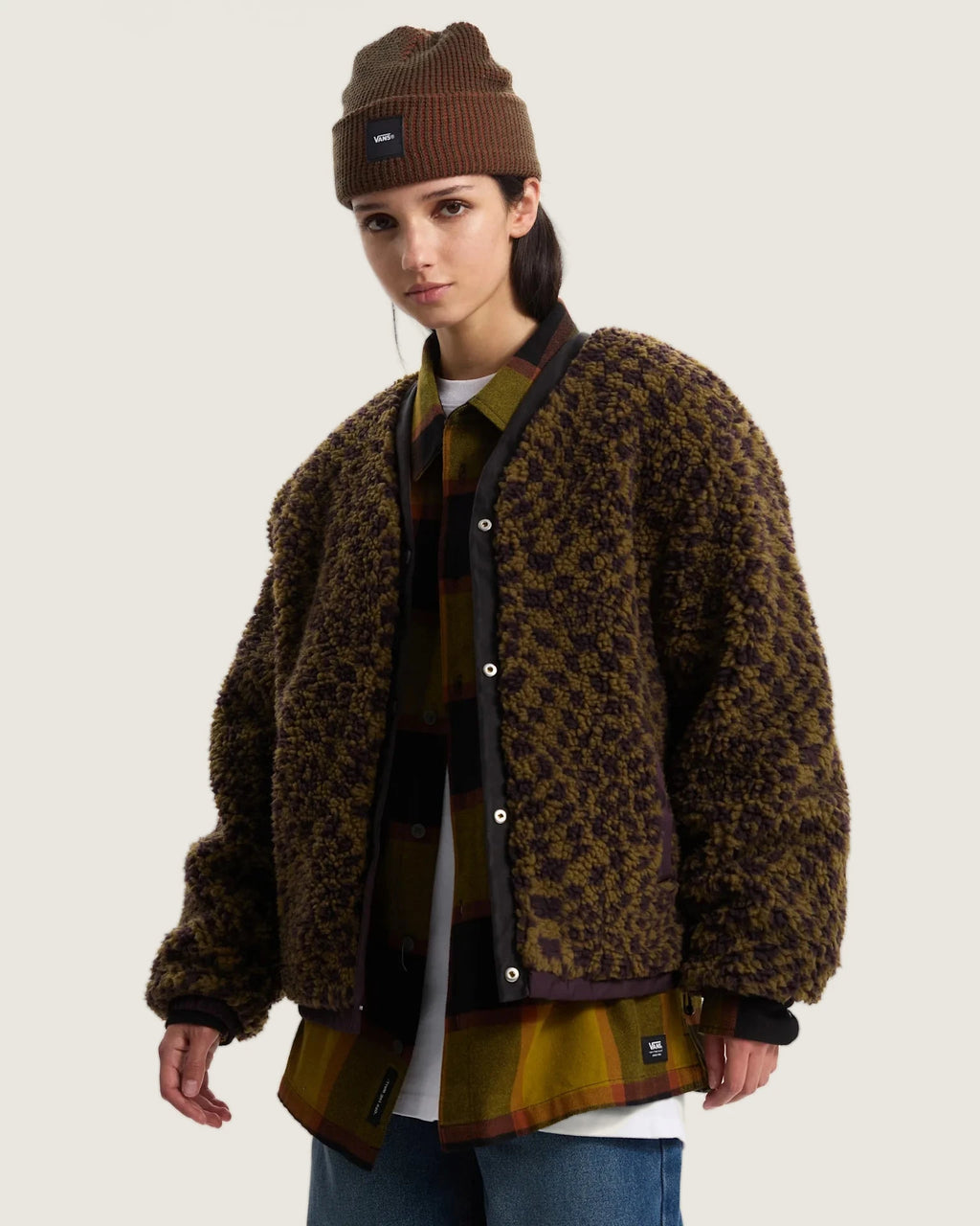 VANS Suffolk Cheetah Check Pile Coat Dark Port Kabát VN000Q53EMS1 - 3